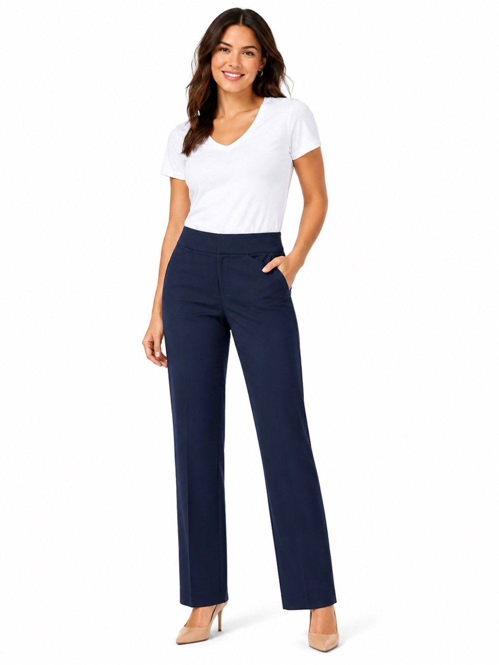 Liverpool LA Las Angeles Kelsey Elastic Navy Pull-On Straight Leg Trousers‎